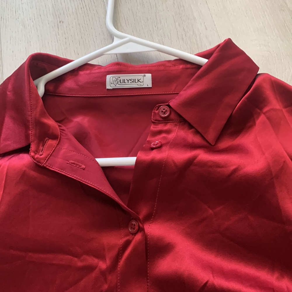 Women's Satin Button-Up Blouse - Red - Picture 14 of 14